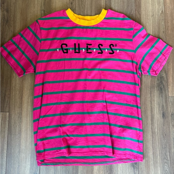 GUESS Pink and Green Striped T-Shirt - Picture 1 of 3